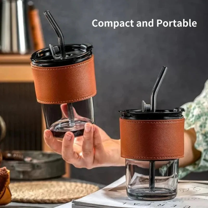 Bamboo Joint Glass Cup with Lid & Straw | 13oz Can-Shaped Tumbler with Leather Sleeve Stylis glass cup with lid and straw