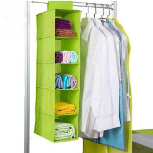 5 Shelf Clothes Hanging Organizer | Foldable Wardrobe Section Storage | Durable Fabric & Plastic 5 Shelf Clothes Hanging Organizer