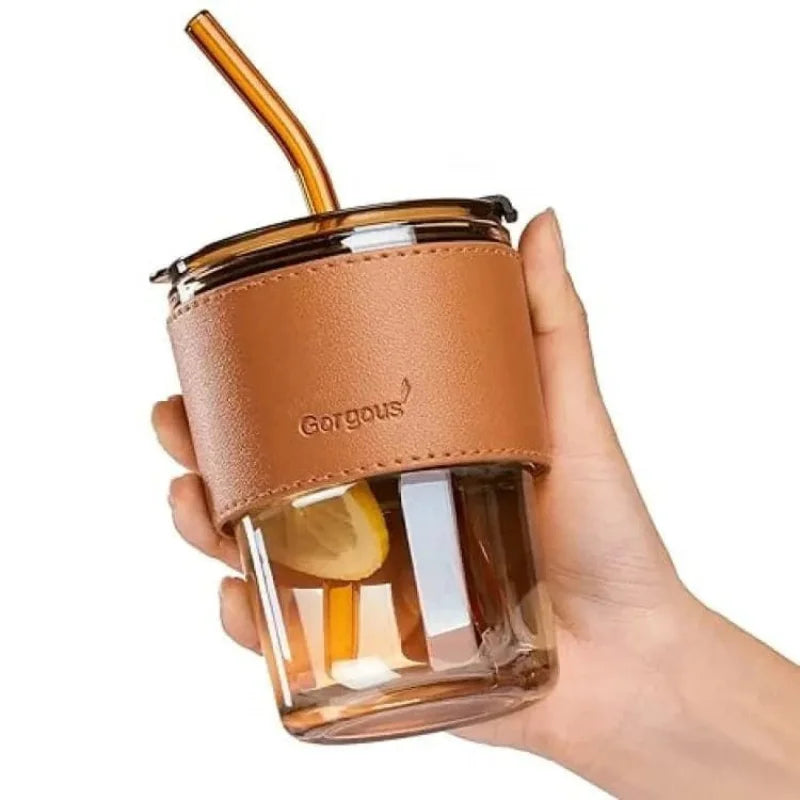 Bamboo Joint Glass Cup with Lid & Straw | 13oz Can-Shaped Tumbler with Leather Sleeve Stylis glass cup with lid and straw