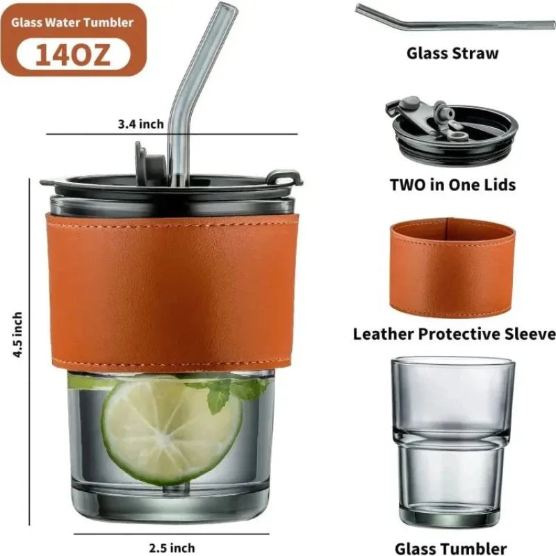 Bamboo Joint Glass Cup with Lid & Straw | 13oz Can-Shaped Tumbler with Leather Sleeve Stylis glass cup with lid and straw