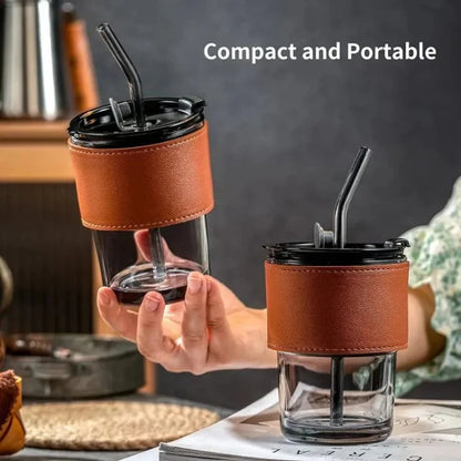 Bamboo Joint Glass Cup with Lid & Straw | 13oz Can-Shaped Tumbler with Leather Sleeve Stylis glass cup with lid and straw