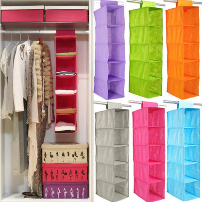 5 Shelf Clothes Hanging Organizer | Foldable Wardrobe Section Storage | Durable Fabric & Plastic 5 Shelf Clothes Hanging Organizer